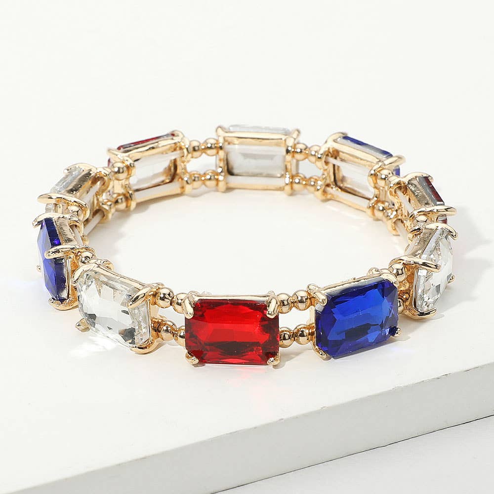 Blue Red White Emerald Cut Stone Stretch Evening Bracelet