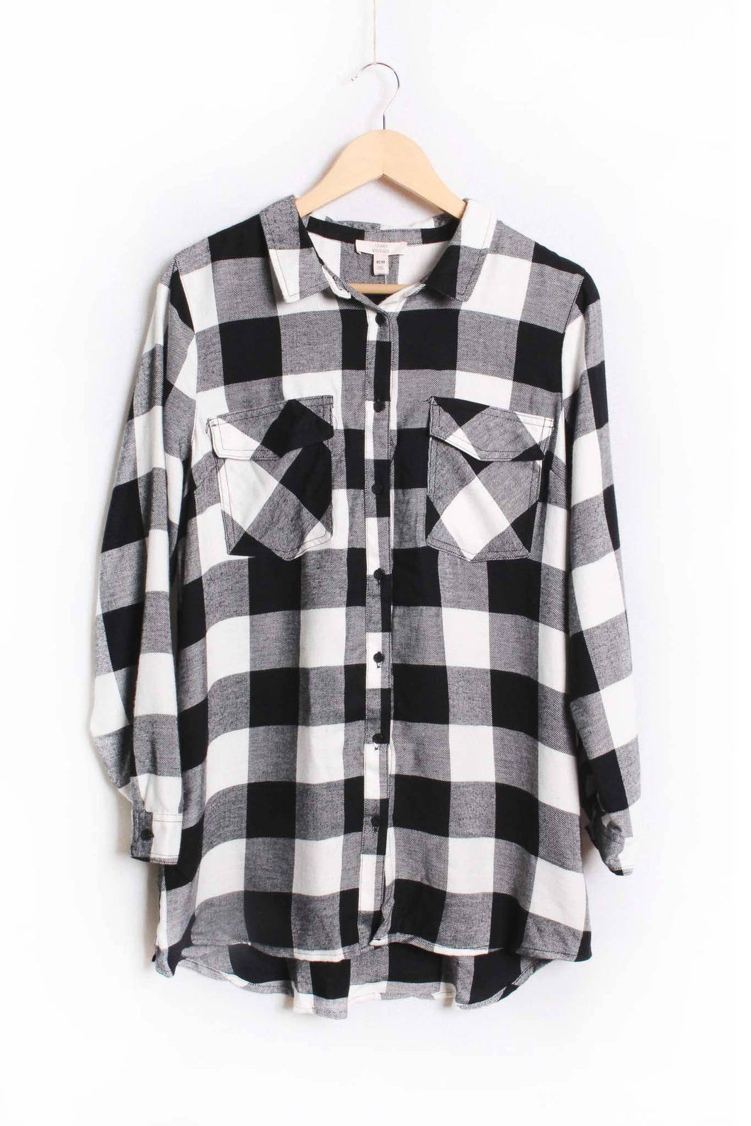 Jet Black White Long Sleeve Two Pocket Plaid Top