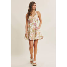 Natural Multi Gently Flared Hem Button Down Floral Halter Neck Mini Dress