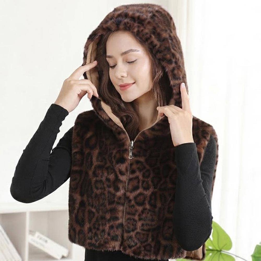 Dark Brown Faux Fur Leopard Print Hooded Zipper Front Crop Vest