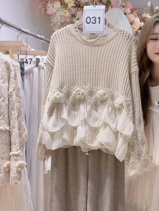 Beige Retro Hollow Out Crew Neck Knit Top
