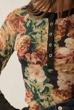 Black Floral Mesh Split-Cuff Raglan-Sleeve Henley Top