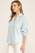 Light Blue Pearl Pocket Relaxed Button Down Blouse