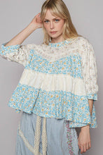 Ivory Blue Round neck short sleeve embroidered print POL top