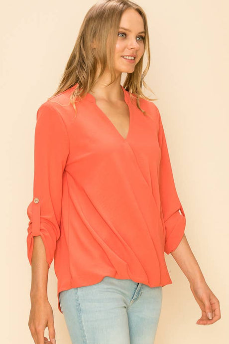 Coral faux Wrap Band Collar Bouse