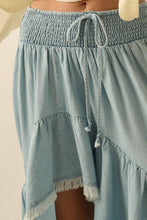 Light Chambray Tencel Denim High-Low Tiered Ruffle Maxi Skirt