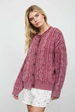 WASHED PATTERN CABLE KNIT BUTTON DOWN CARDIGAN: LIGHT KHAKI
