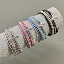 Lilac Blessed Cross Rhinestone Multi-layer Leather Bracelet
