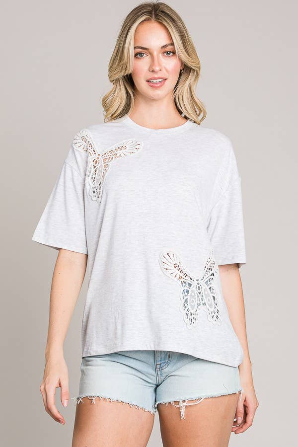 Heather Grey Butterfly Embroidered Cut Out Oversize Knit Top
