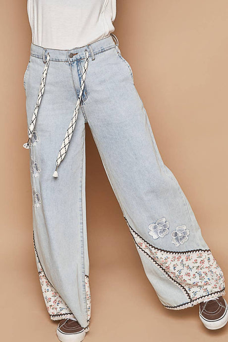 Denim Floral patches embroidery elastic band casual POL Pants