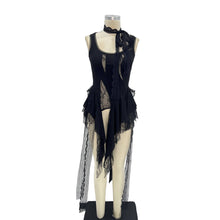 Black Lace Panel Sleeveless Top with Sheer Layered Hem