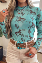 Aruba Blue Western Print Mock Neck Long Sleeve Sheath Mesh Top