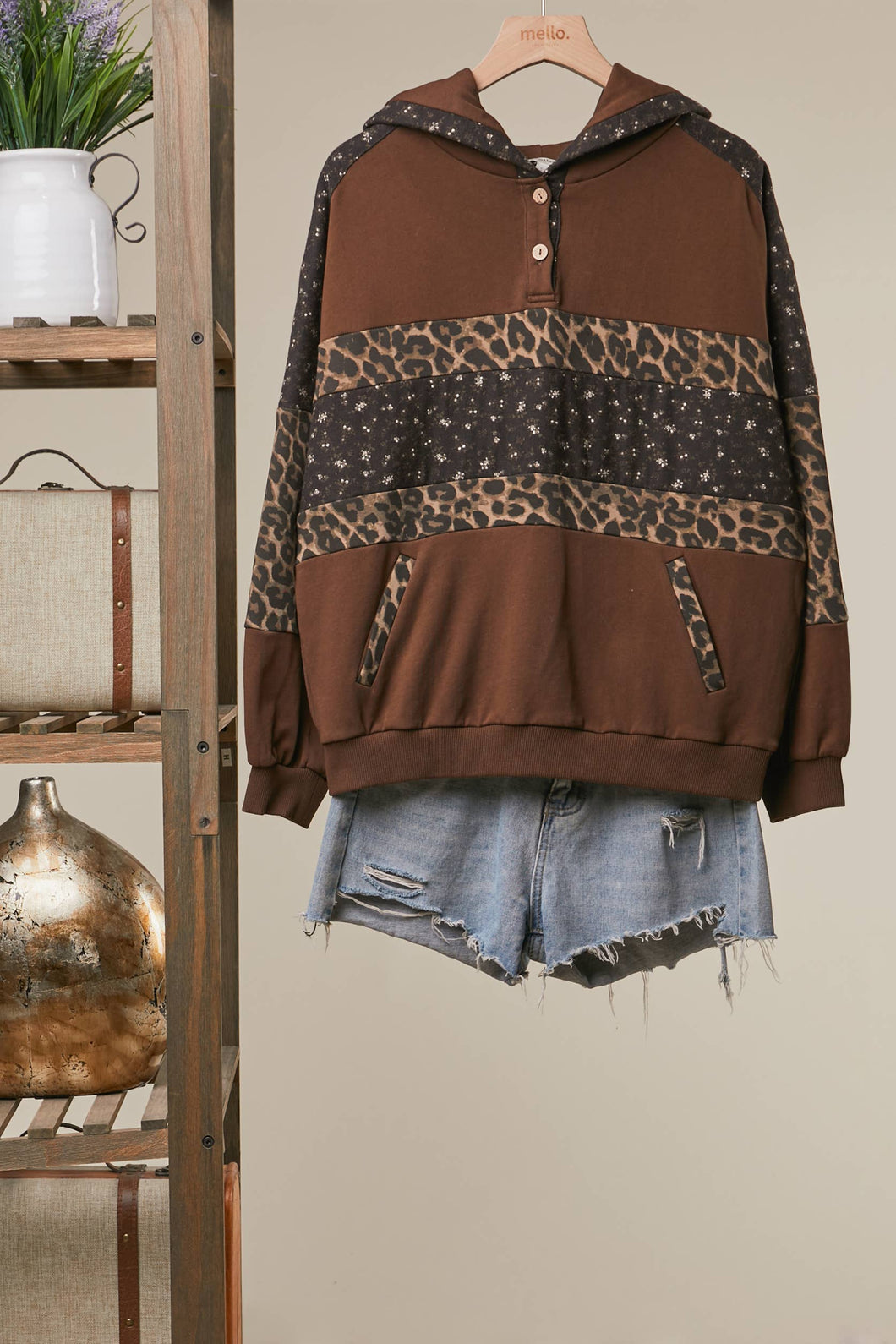 Brown Multi Leopard Colorblock Detail Sweatshirt With Hoodie