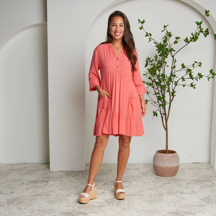 Coral Rayanne 3/4 Sleeve V-Neck Mid-Length Tiered Dress