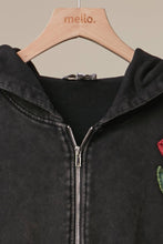 Black Floral Embroidered Zip-Up Hoodie