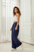 Navy Cotton Smocked Wide Leg Pants