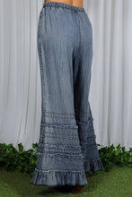 Washed Denim Flared Ruffle Hem Washed Chambray Crop Denim Pants