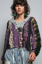 Black Long Sleeve V neck Lace Contrast Printed Woven POL Top