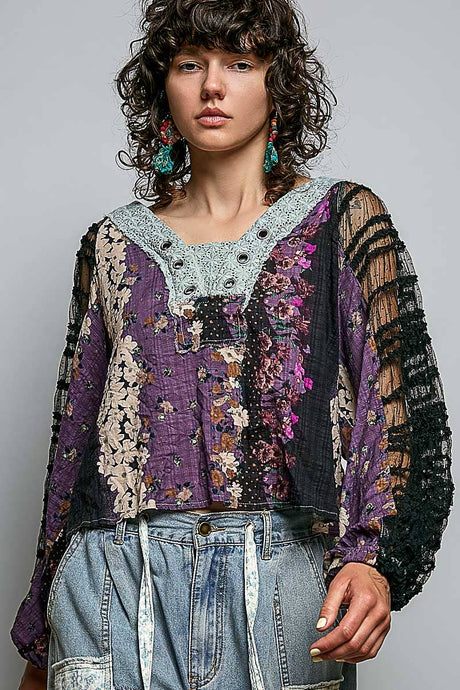 Black Long Sleeve V neck Lace Contrast Printed Woven POL Top