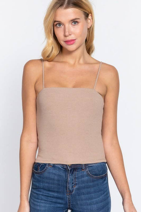 Sand Khaki Straight Neck Two Ply Rib Knit Cami Top