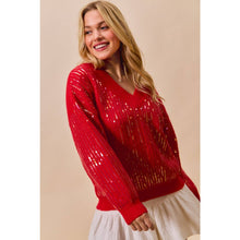 Red Christmas Sequins V Neck Sweater