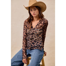 Leopard Button Up V Neck Mesh Top