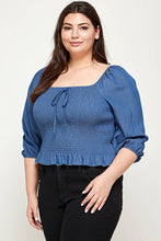 Blue Plus Size Smocked Chambray Peplum Top