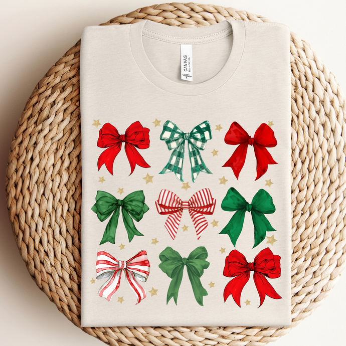 Coquette Bow Christmas Graphic Tee: Light Beige