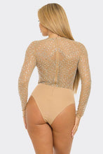 Nude Rhinestone Mesh Long Sleeve Bodysuit
