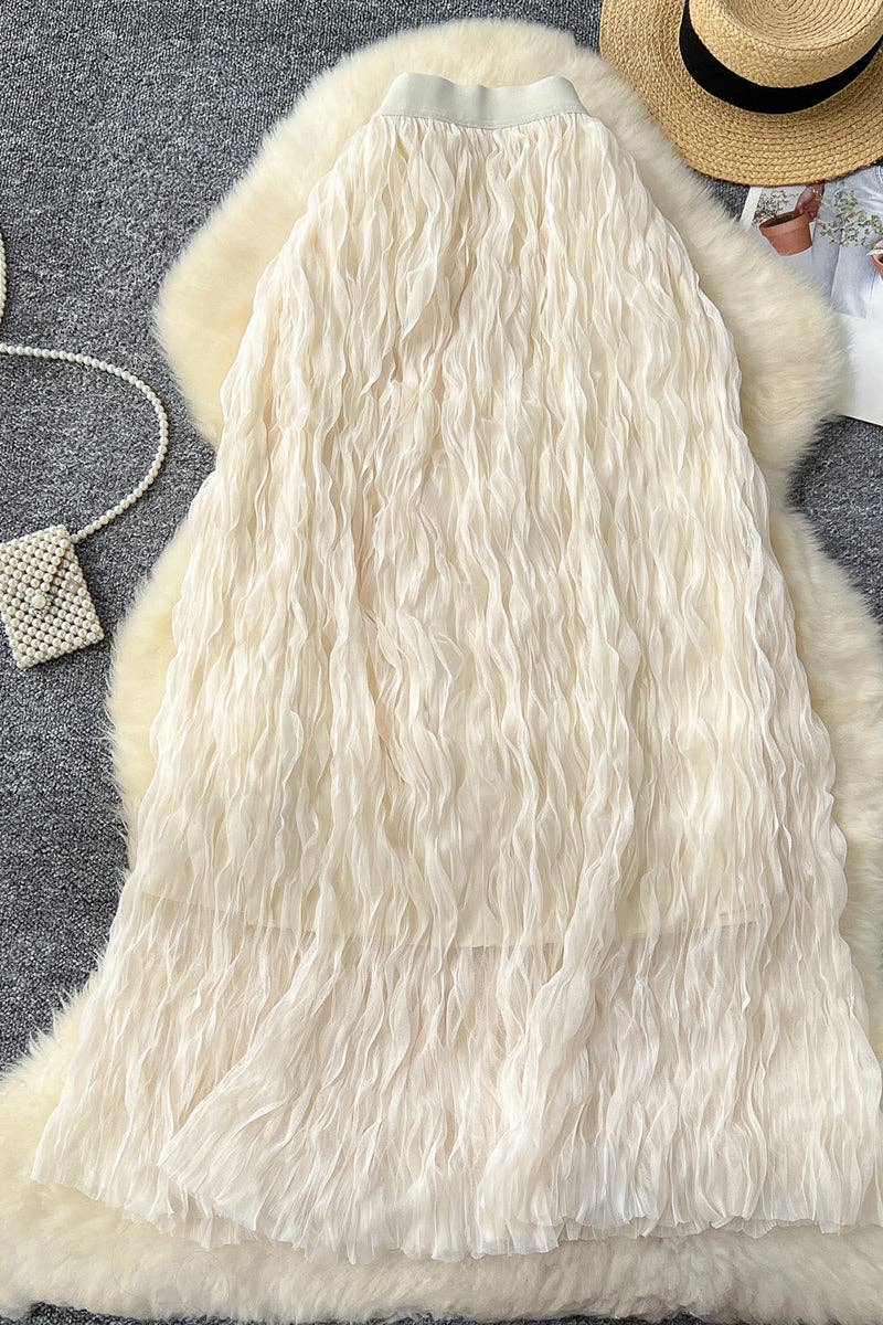 Beige Flowing Textured Midi Skirt