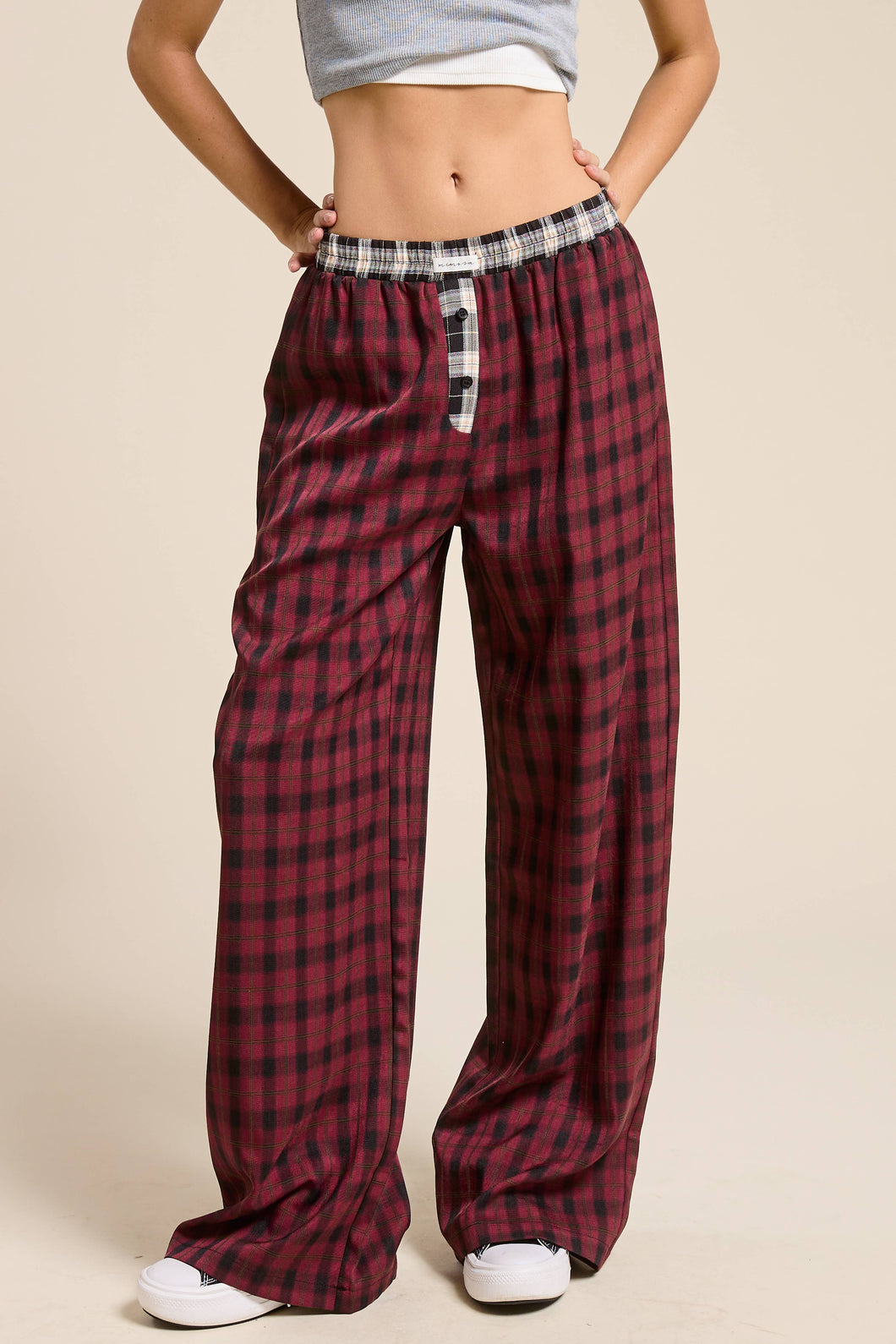 Burgundy Contrast Waistband Plaid Boxer Pants