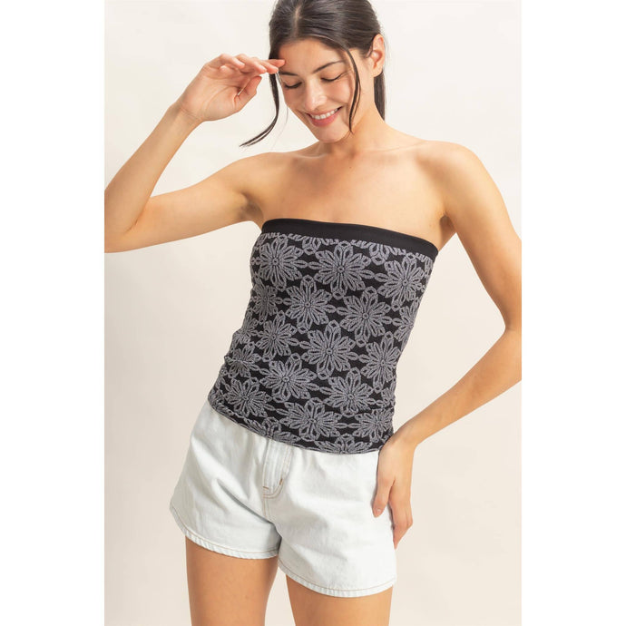 Black Strapless Jacquard Top
