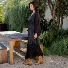 Charcoal Boho Embroidered Ruffle Maxi Smocked Dress with Sheer Sleeves