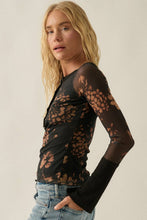 Black Floral-Print Mesh Raglan-Sleeve Split-Cuff Henley Top