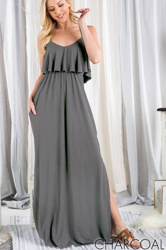 Charcoal Solid Maxi Dress with Ruffles