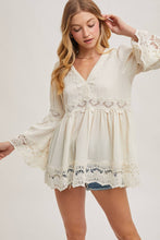 Ecru Lace Trimmed Bell Sleeve V Neck Blouse