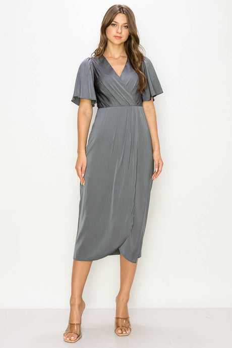 Silver Elegant Wrap Midi Dress with Flutter Sleeves