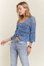 Denim Front Drawstring Accent Crochet Top