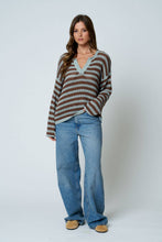 STRIPE RAW EDGE SPLIT NECK SHEER KNIT SWEATER : LIGHT BLUE