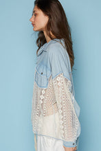 Denim Collared contrast ribbed panel lace crochet chest pocket POL top