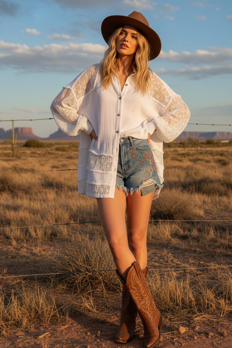 White Lace Mixed Oversized Shirt