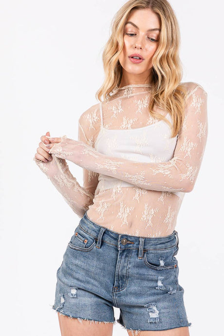 Taupe Game Day Long Sleeve Floral Lace Top