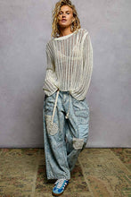 Off White Round Neck Open-Knit Long Sleeve Thin Sweater POL Top