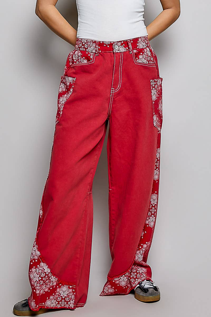 Red High Waist Paisley Patch High Rise Wide Leg Twill POL Pants