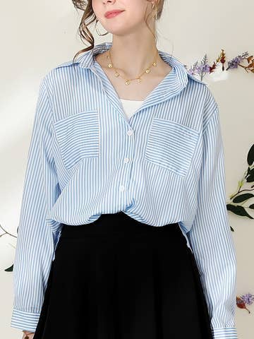 Blue White Striped Button Down Long Sleeve Collared Shirts