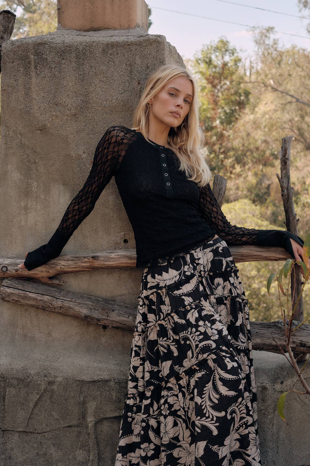 Black Floral Lace Raglan-Sleeve Henley Top