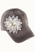Rose Floral Bejeweled Bling Glitz Distressed Cap, Adjustable: