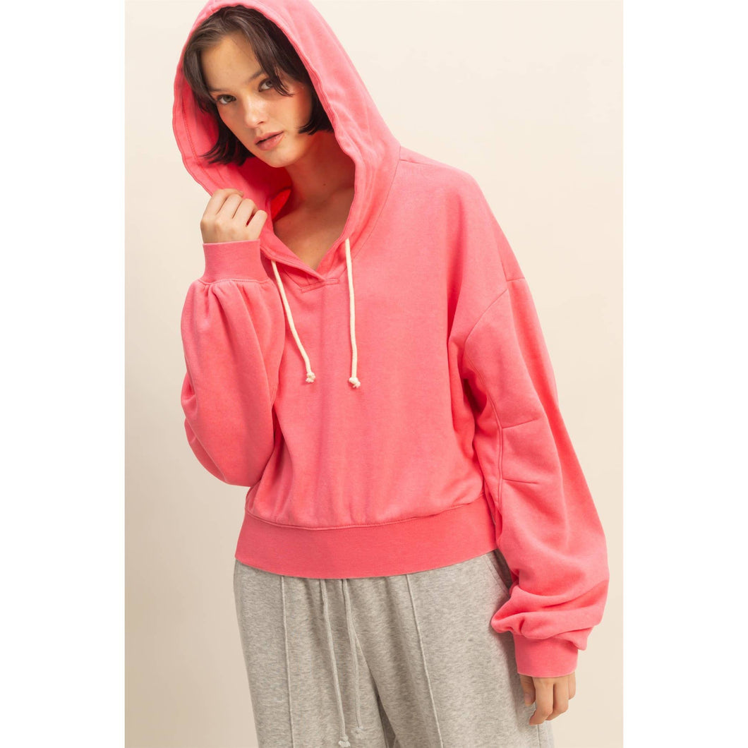 Taffy Pink V-Neck Drawstring Detail Long Sleeve Crop Hoodie
