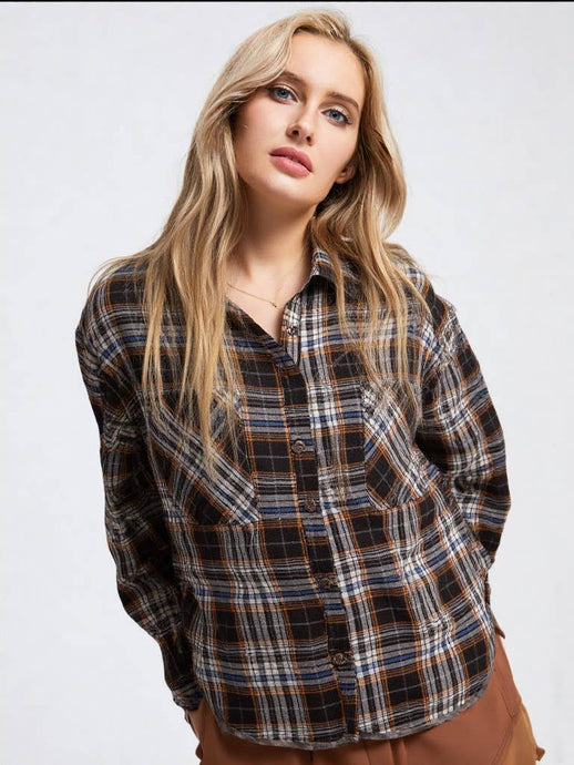 Black Mix Cuff Detail Plaid Oversized Button Up Shirt