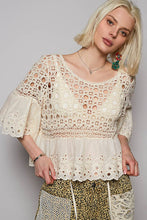 Natural Round neck short sleeve floral eyelet crochet POL top